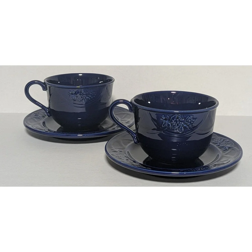 Jay Willfred Andrea‎ by Sadek Cobalt Blue Cup & Saucer (2) Floral Motif Portugal